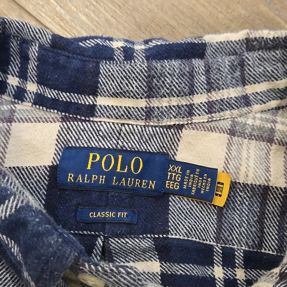 Ralph Lauren Classic Fit Brushed Cotton Navy and Cream Plaid Flannel Shirt - Picture 4 of 9
